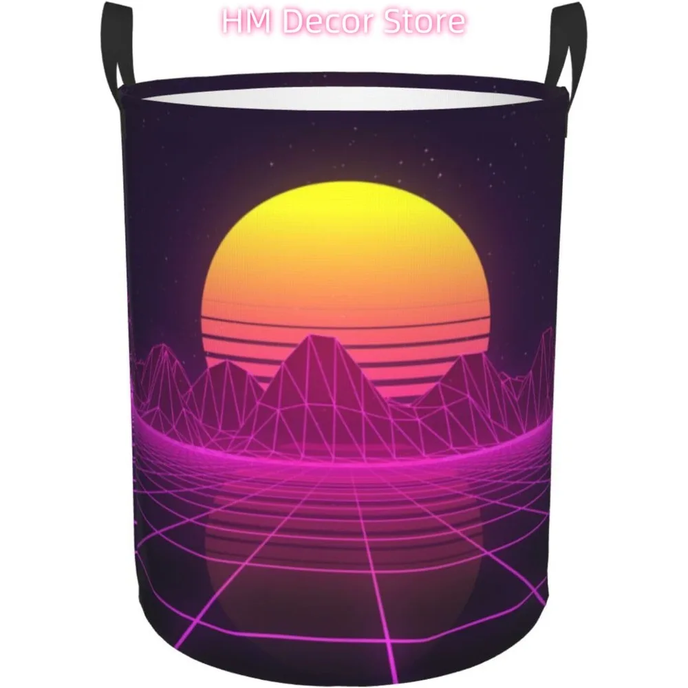 

80s Retro Grid Terrain and Sunset Laundry Basket Waterproof Oxford Cloth Organizer Basket Collapsible Clothes Hamper with Handle
