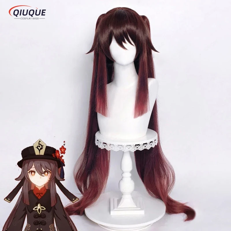 Perruque Cosplay HuTao Game Impact avec Queue de Cheval Brune Longue, Cheveux Synthétiques, Perruques et Bonnet, Haute Qualité, 110cm, Degré de Chaleur