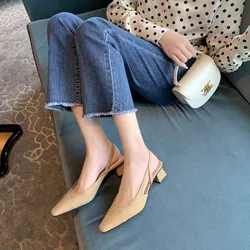 Low Heel Baotou Sandals Women's French Nude Color Pointed Small Fragrant Style Ladies Thick Heels Back Air Style Single Shoes