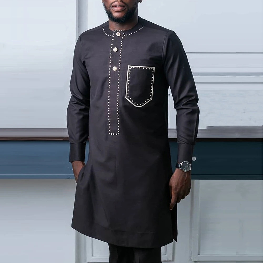 Kaftan-Conjunto de 2 piezas para hombre, traje de cuello redondo, elegante, de manga larga, ajustado, clásico, ropa tradicional