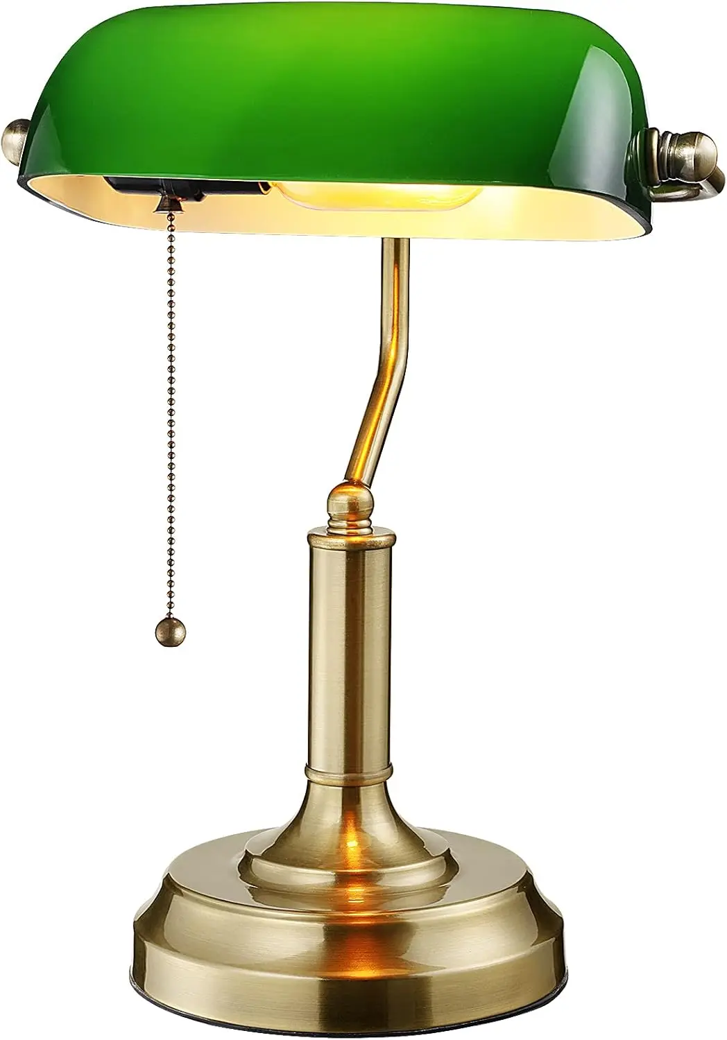 

Vintage Green Glass Desk Lamp with Brass Base, Pull Chain Switch, E26 Bulb Compatible for Office and Study Room