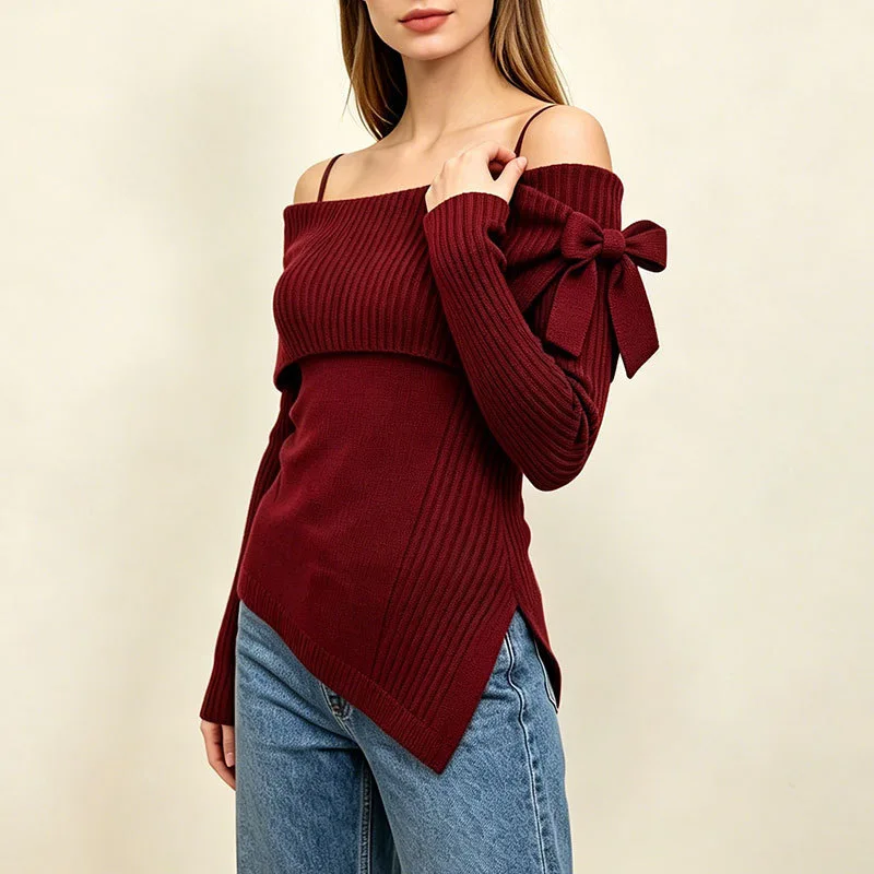 Autumn Winter New Women's Off Shoulder Bow Decor Long Sleeve Pullover Sweater Slim Elegant Versatile Casual Daily Wear Knit Top