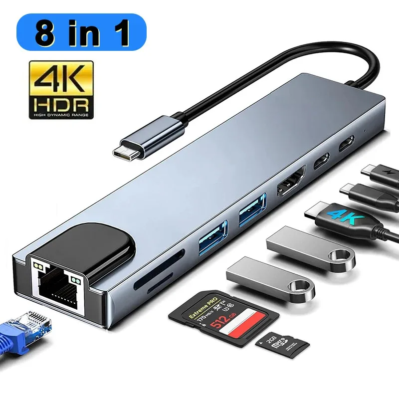 

8 IN 1 Hub Adapter HDMI-Compatible USB-C 3.0 2.0 HUB RJ45 SD TF Card Reader PD 100W Fast Charging for MacBook Lenovo Huawei HP