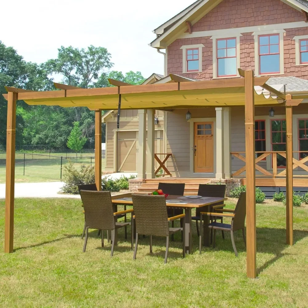 9’x13’Outdoor Retractable Pergola Against The Wall with Weather Resistant Canopy Aluminum Patio Gazebo (Teak Coated)