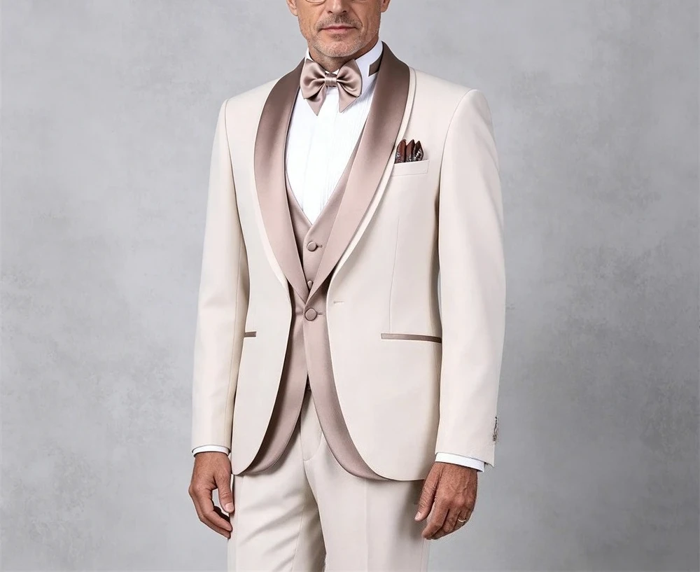 

Wedding Suit for Groom and Groomsman Three Piece Formal Suits, Jacket with Satin Lapel Vest, Customized Tuxedo for Men