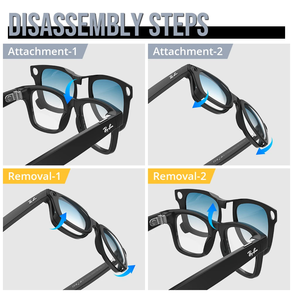 Hibloks مشبك لامع لـ Ray-Ban Meta Wayfarer RW4006/RW4012 (الجيل 2) مقاس M 50-22 نظارات ذكية مشبك متدرج عدسات النظارات الشمسية
