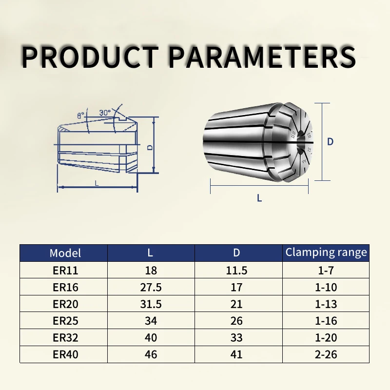 1 Set ER Collet High Precision 0.008/0.005 ER11 ER16 ER20 ER25 For Milling Tapping Grinding Carving and Other Processing