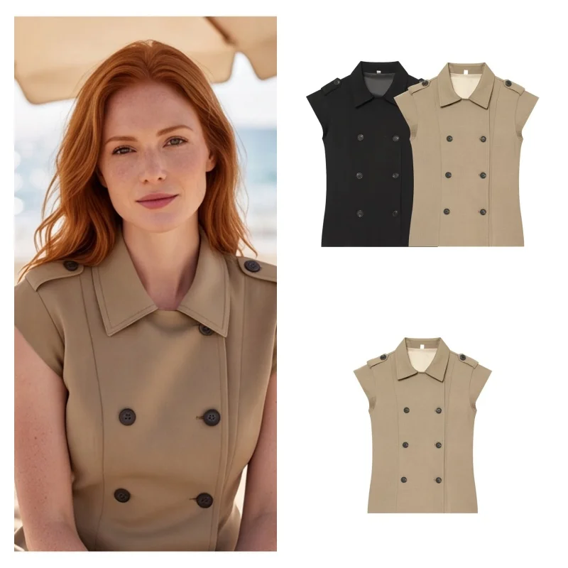 Minimalist Outfit Womens Sleeveless Waist Fitting Double Breasted Vest Summer Solid Color Casual Fashion 2026