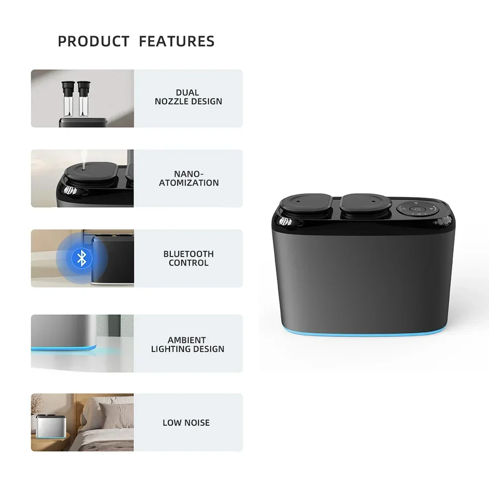Alloy Metal Scent Diffuser, Dual Bottle Bluetooth Air Freshener, Tabletop Essential Oil Perfume Machine For Home Office Desk