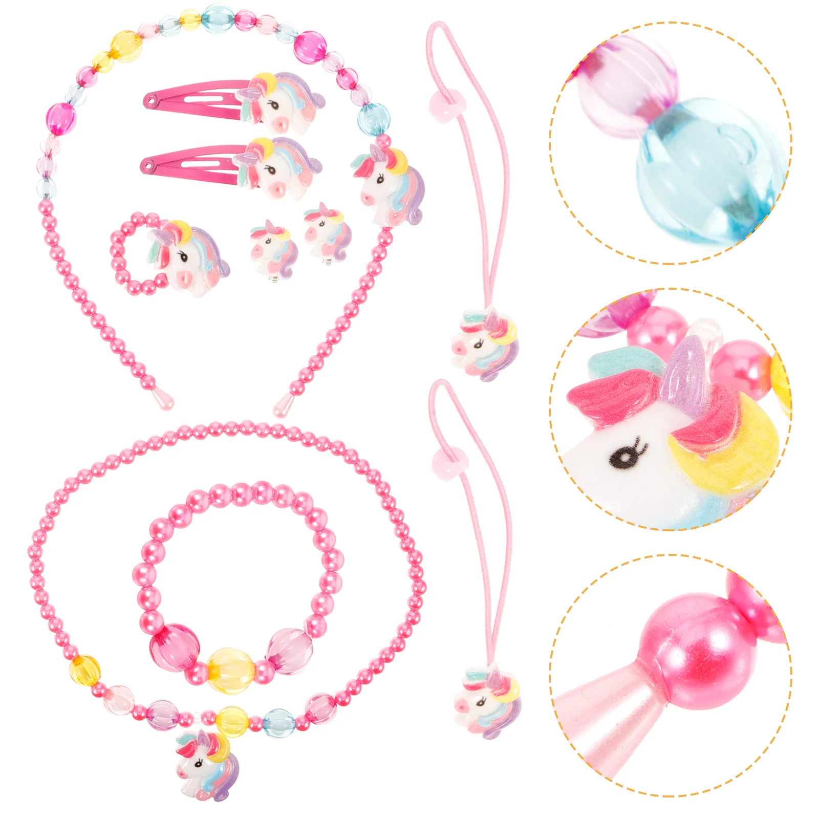 

1Set Kids Jewelry Set Unicorn Necklace Bead Bracelet Earrings Hair Clips Finger Ring for Girls Party Dress Up Girl Jewelry Set