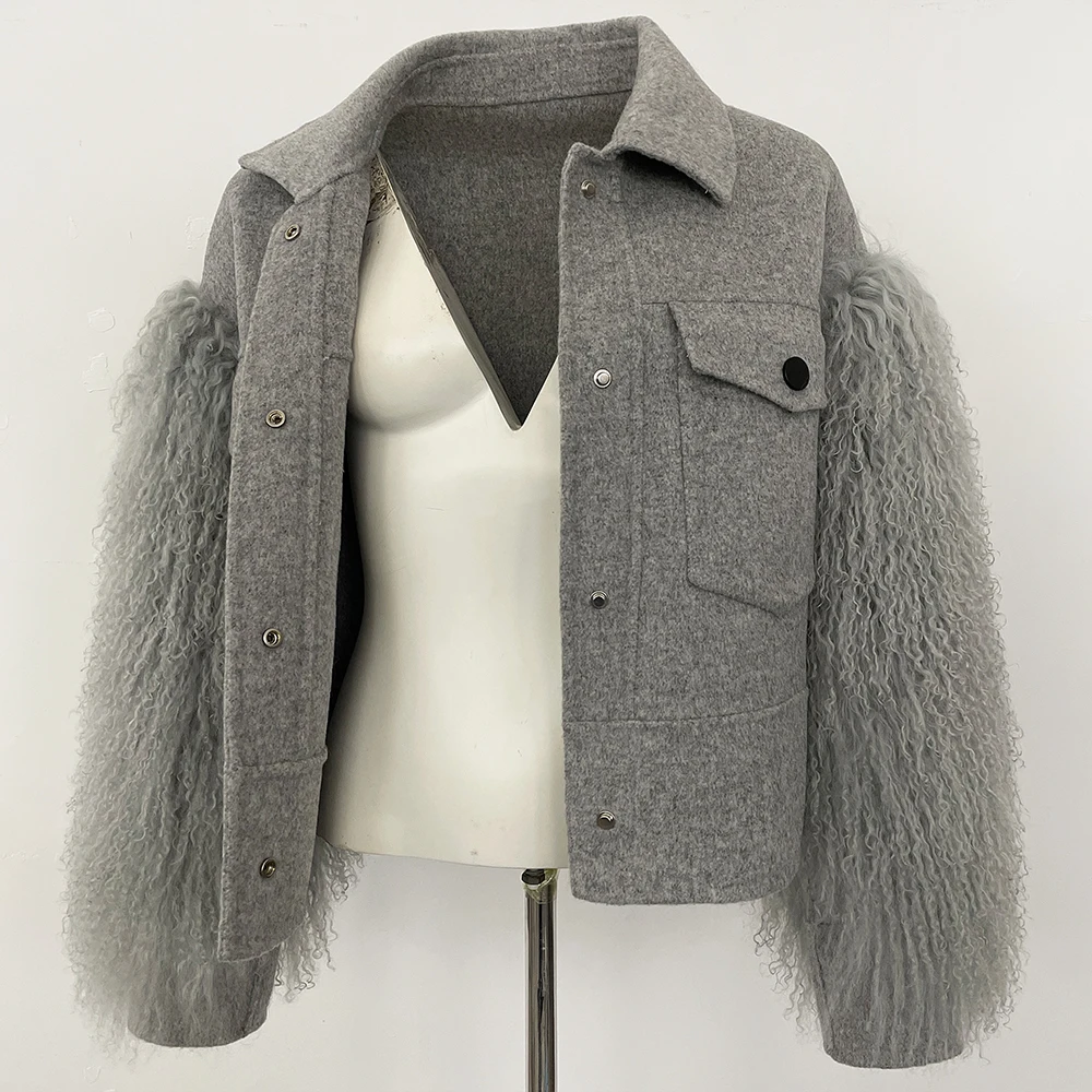 OFTBUY réel manteaux de fourrure mongole femme veste de laine automne manteau de laine poche manches longues femmes recadrée laine mélange vêtements d'extérieur