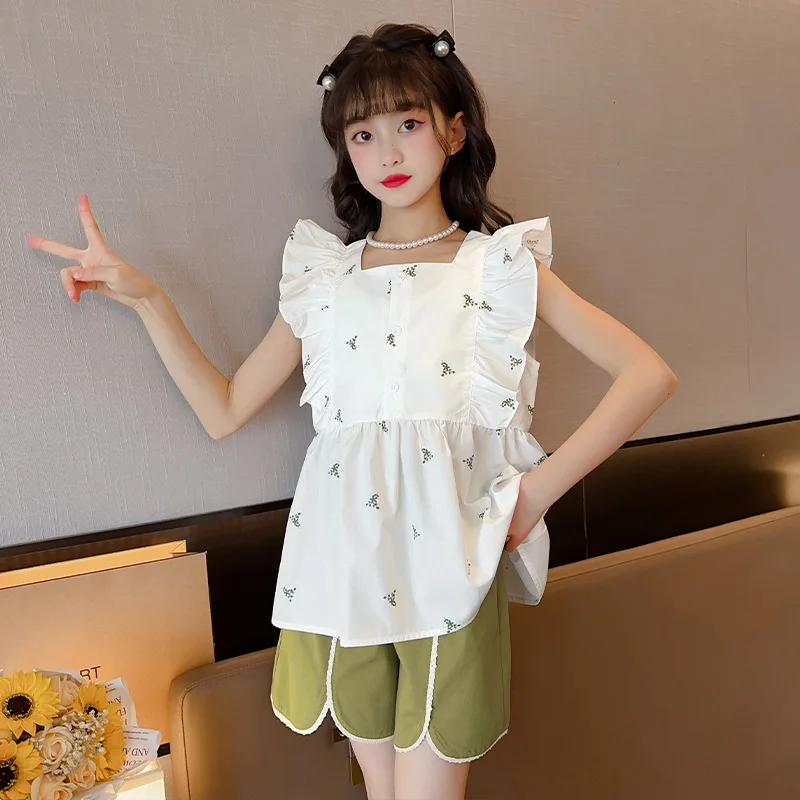 

Girl Clothing Set 2023 Summer New Kids Fly Sleeve Shirt + Shorts 2pcs Suit Princess Suit Children Korean Outfits 4 6 7 8 10 12 Y