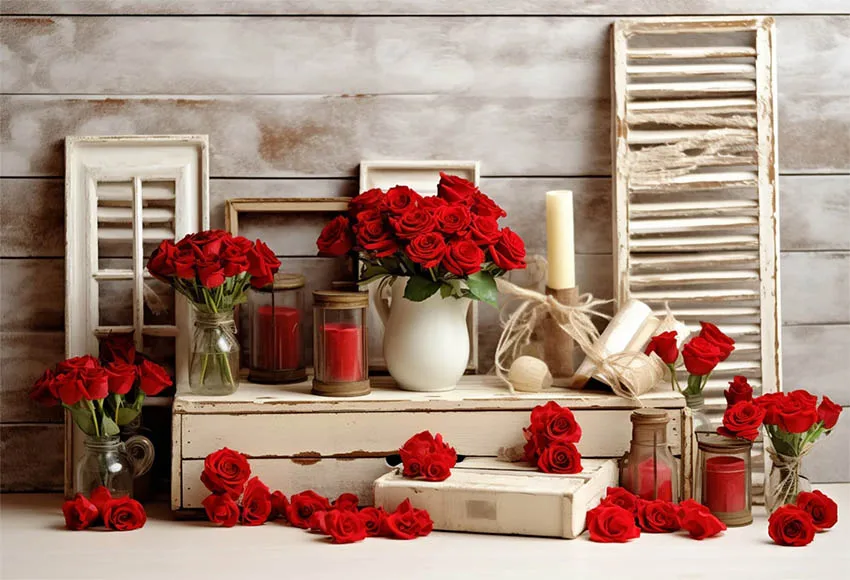Mehofond Red Romantic Rose Photography Backdrop Valentine's Day Portrait Window Wooden Kitchen Wall Caravan Decor Background