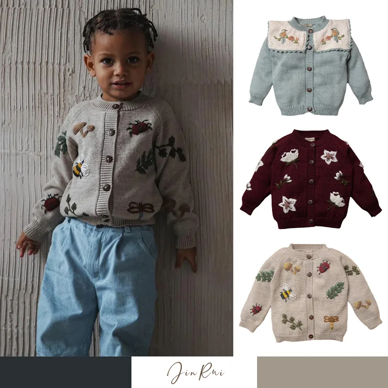 Sweater Coat Knitted Cardigan Heavy Embroidery Wool Long-sleeved Cardigan Sweater Boys Grils Children Fashionable Sweet Cute