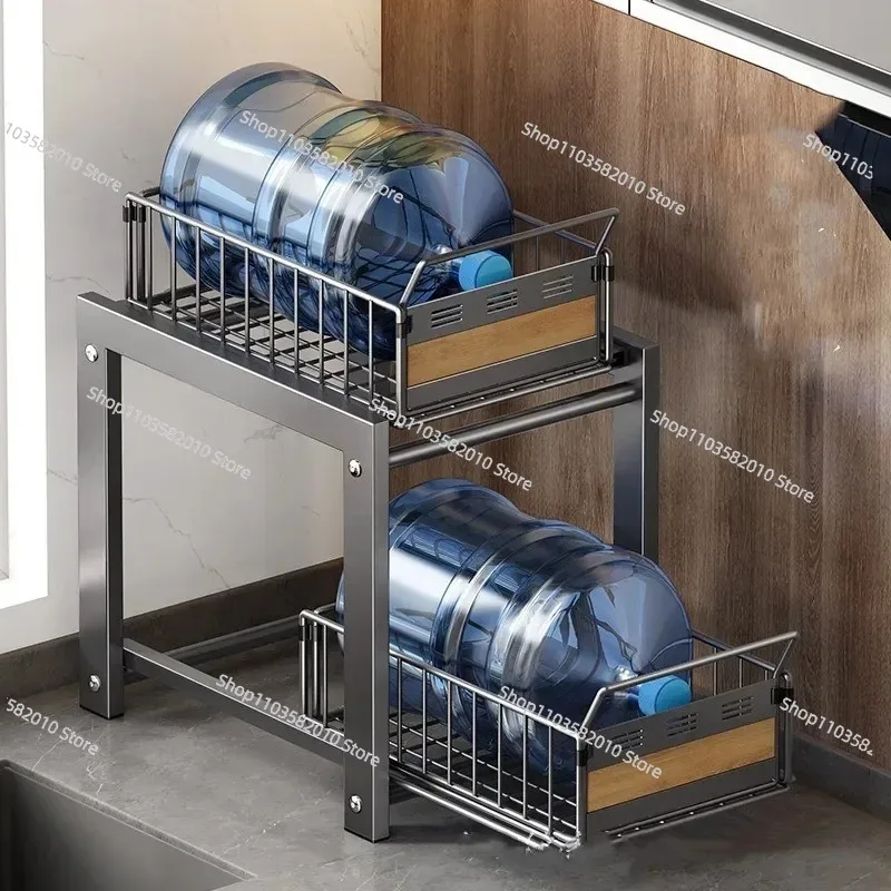 Postmodern Kitchen Sink Storage Rack, Pull-Out Condiment Basket Layered Shelf Cabinet Organizer
