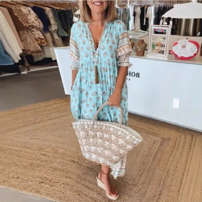 Vestidos de ocasião formal fiesta vestidos mujer v pescoço moda impresso boho vestido verão feminino nova praia manga curta resort vestido