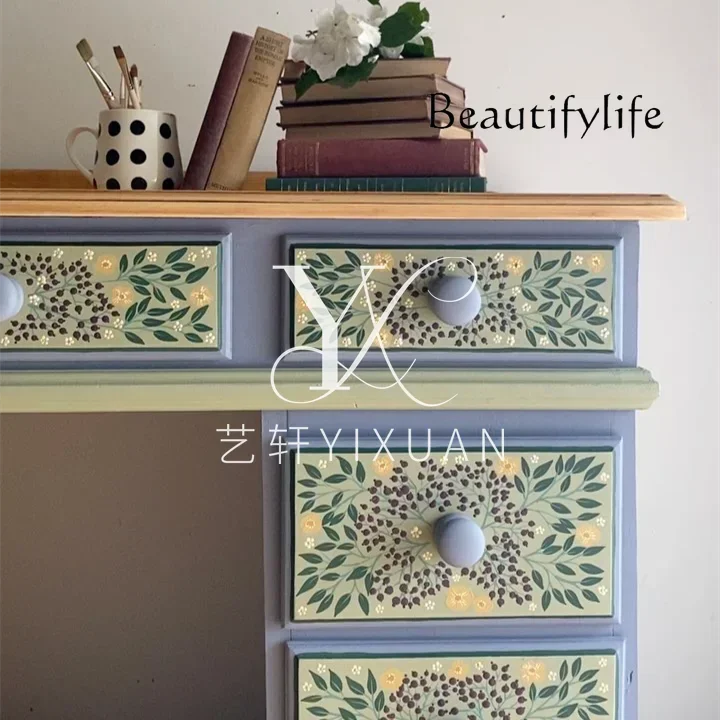 French Retro Solid Wood Hand-painted Desk American Modern Simple Multi-pump Storage Cosmetic Table Furniture Can Be Custom