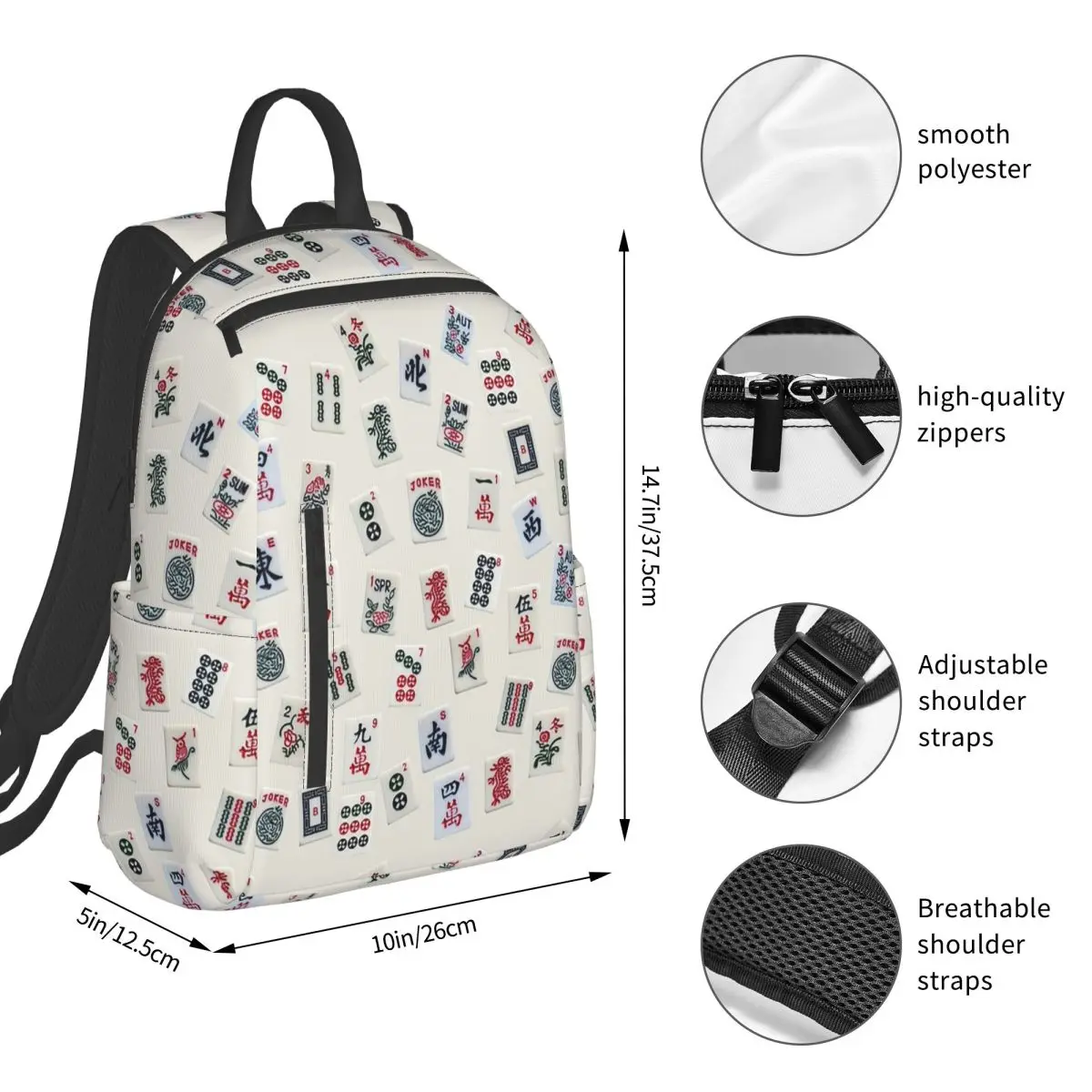 Mahjong Game Tiles Design Backpack Student BookBag Boys Girls School Bag Computer Shoulder Bags Men Women