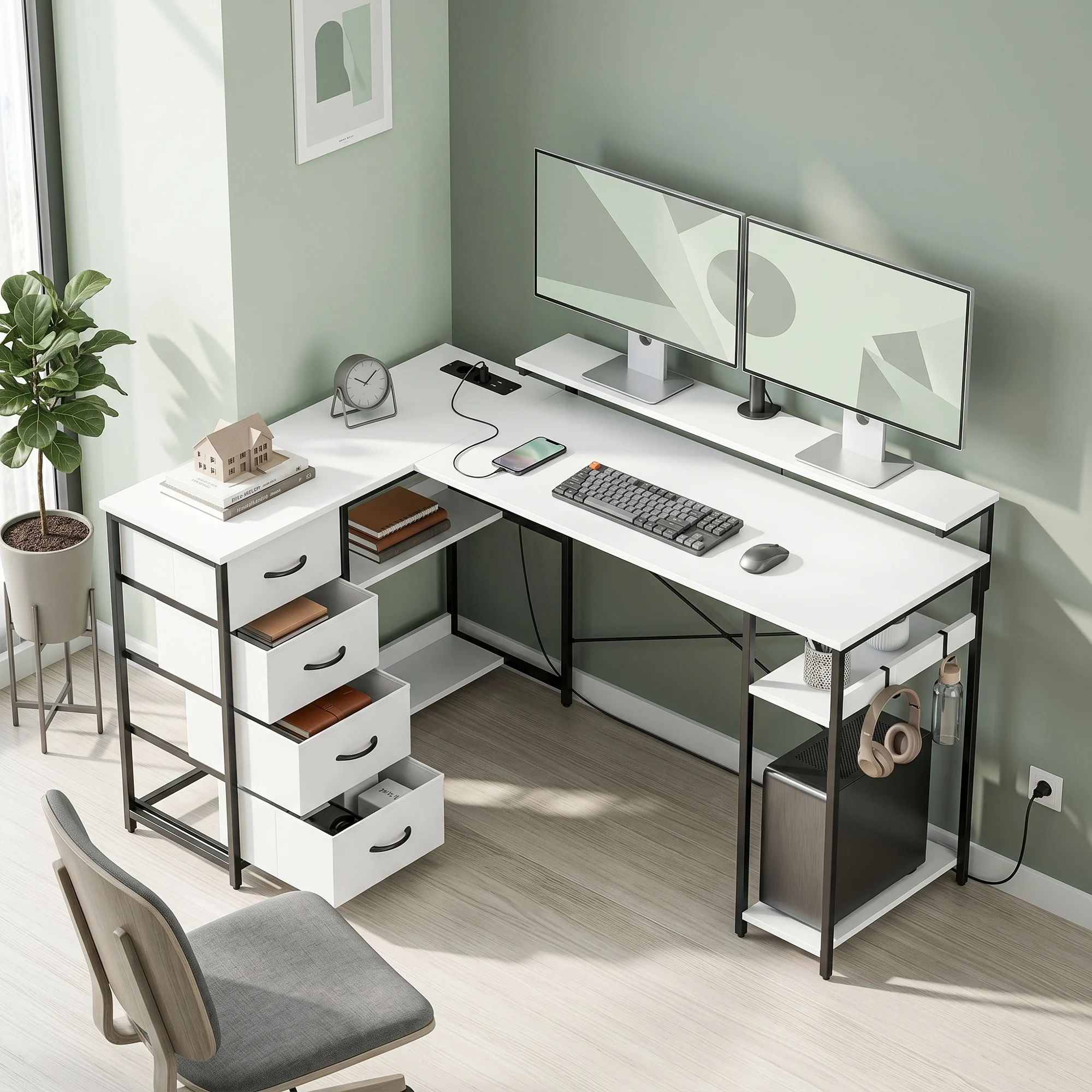 Bureau D'angle RéVersible Homcom Avec 4 Tiroirs En Tissu Blanc-image