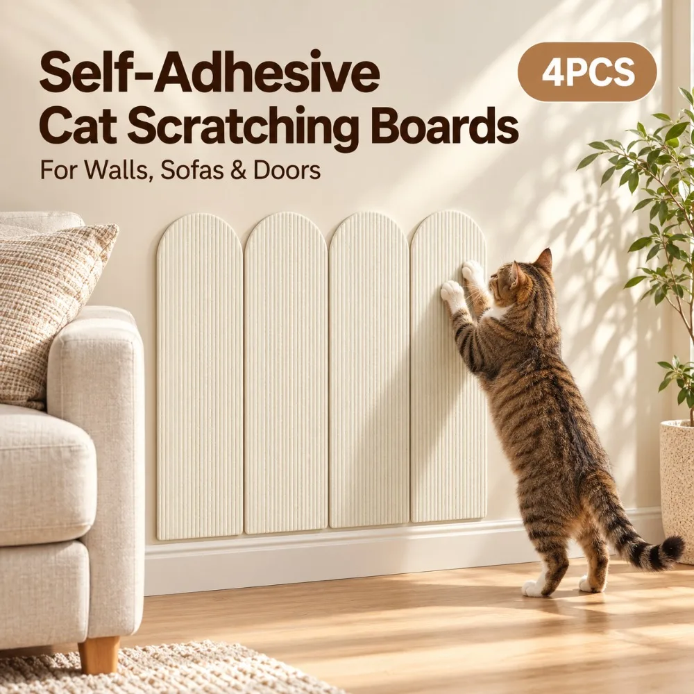 4PCS 60CM/23.6IN Self Adhesive Ribbed Cat Scratching Boards, Wall Scratch Pads, Furniture Protector Panels for Sofa and Door