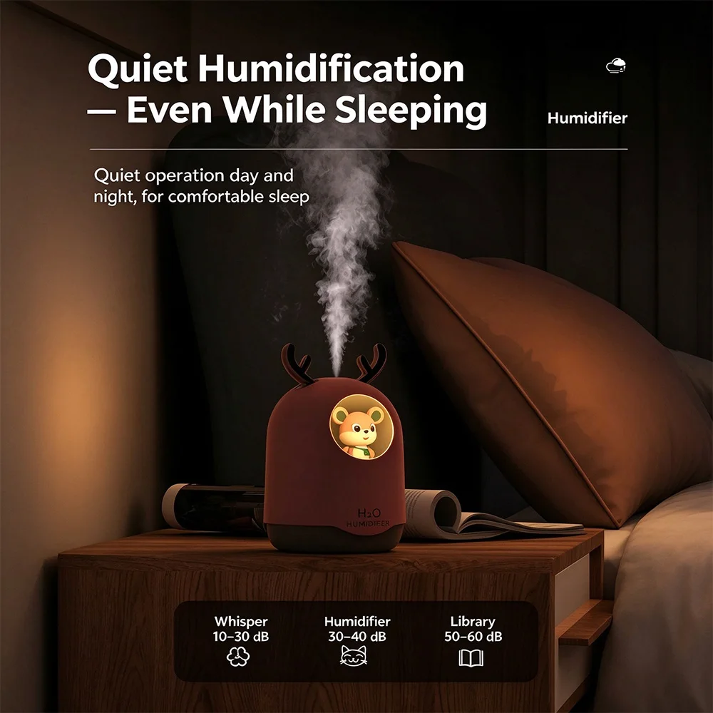 Deer Horn Cute USB Humidifier, Large Capacity, Night Light, Continuous & Intermittent Spray, Auto Shut-Off, Quiet Operation