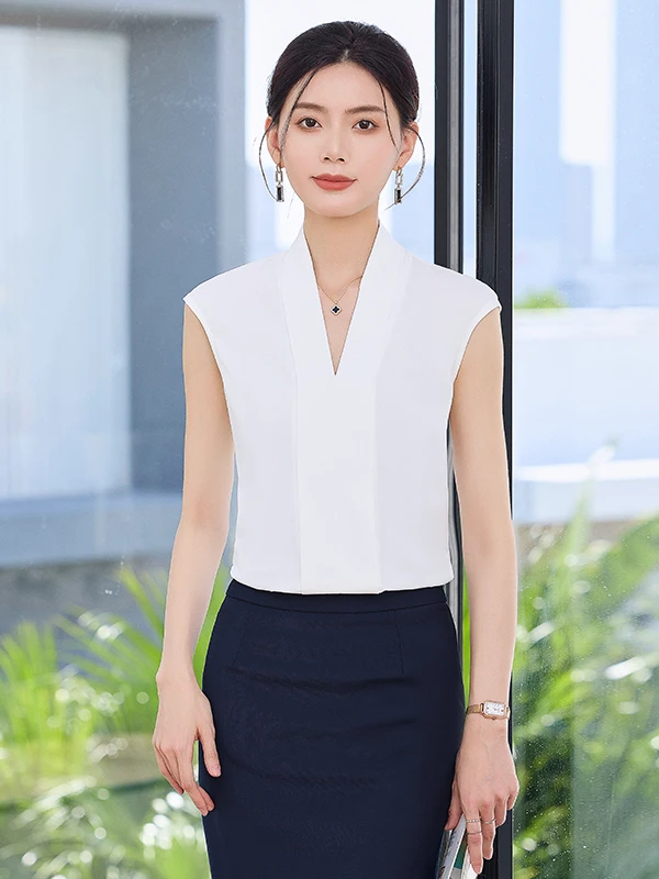 

White Sleeveless V-Neck Shirt Women's Summer New Suit Inner Wear Base Top Professional Workwear Vest Shirt Commute Style Loos...