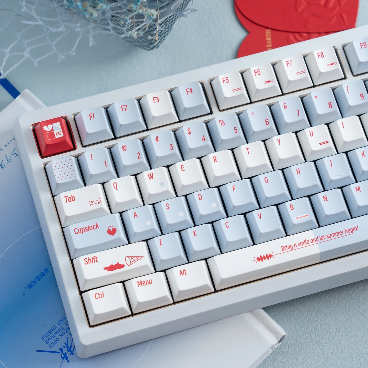 URE Blue White Summer Keycaps Dye-Sublimation Cherry Profile PBT Keycaps Large Sets Keycaps For MX Mechanical Keyboard