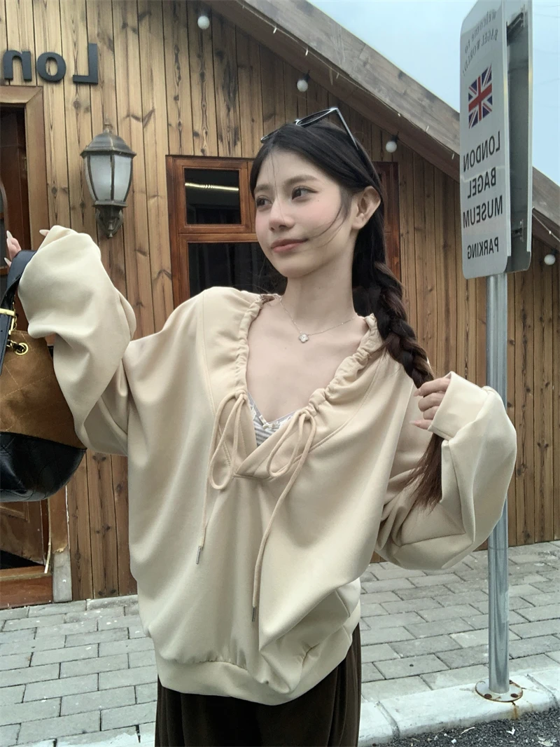 เสื้อฮู้ดทรงหลวมผู้หญิง สีฟ้า สไตล์ลำลอง อเนกประสงค์ สไตล์เกาหลี แขนยาว มีเชือกผูก ใส่สบาย สำหรับฤดูใบไม้ร่วงและฤดูหนาว สินค้ามาใหม่