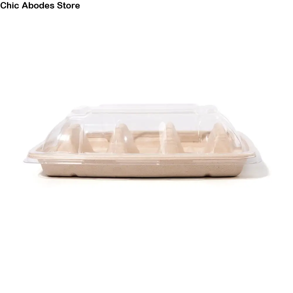 

50Pcs 3 Compartments Disposable Taco Plates Biodegradable Pulp Taco Holder Stackable with Lid Taco Serving Tray Restaurant