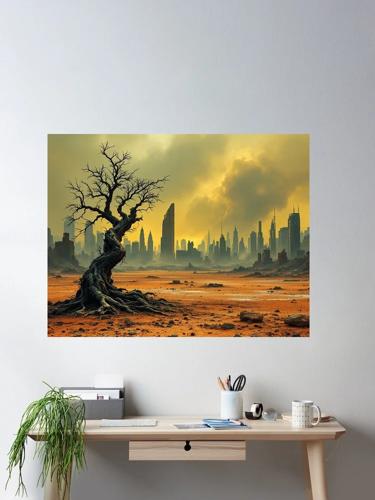 Wasteland with a Lone, Gnarled Tree and Ruined City Skyline, Art Print Canvas Poster, Living Room Decor, Home Wall Picture