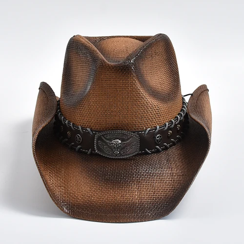 Imagen 2 del producto Nuevo sombrero de vaquero occidental Vintage para hombre y mujer, sombrero tejido de paja hecho a mano para el sol en la playa, sombrero de Jazz para caballero y mujer