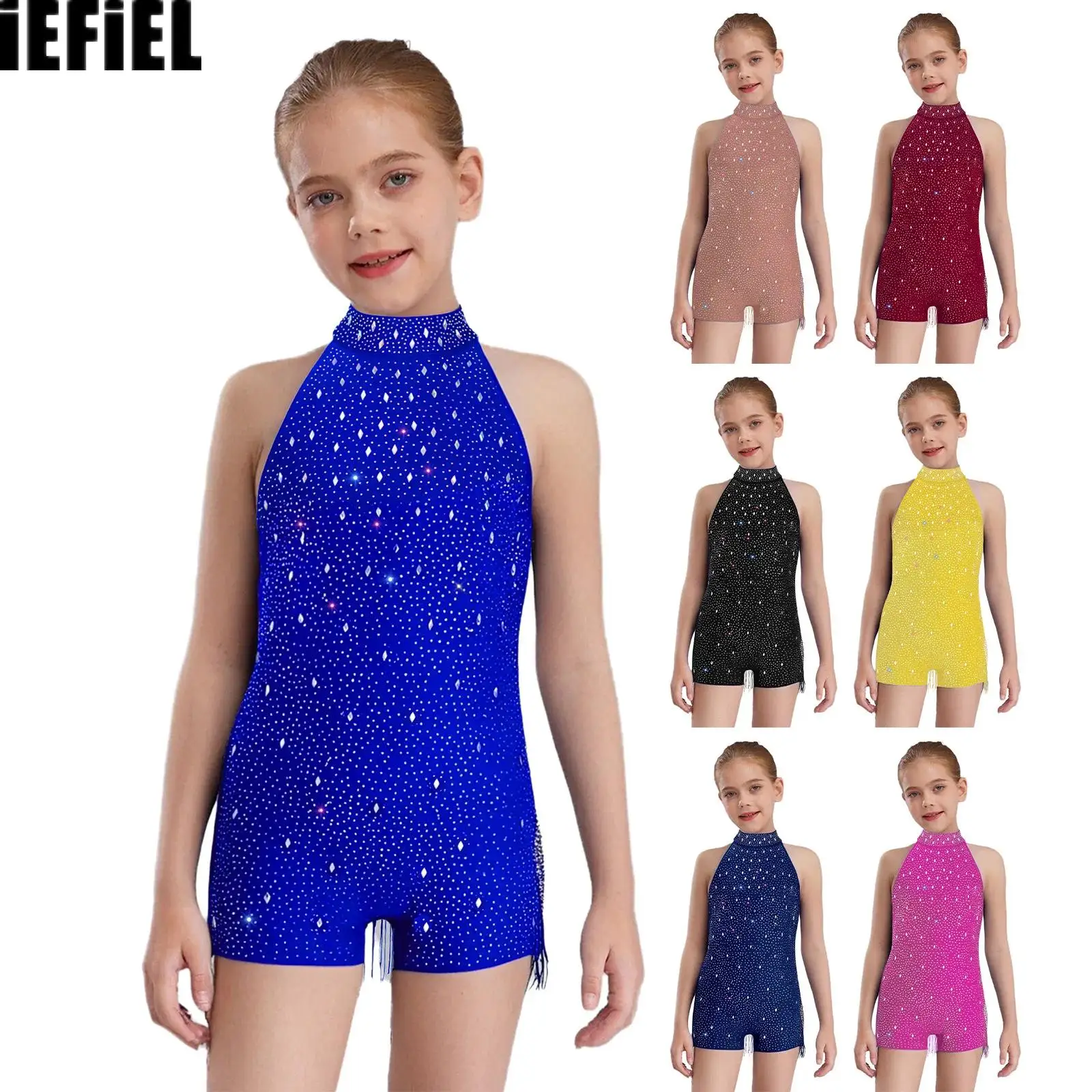 

Kids Girls Shiny Dance Leotard Fringed Halter Sleeveless Backless Rhinestones Bodysuit for Latin Jazz Performance Competition