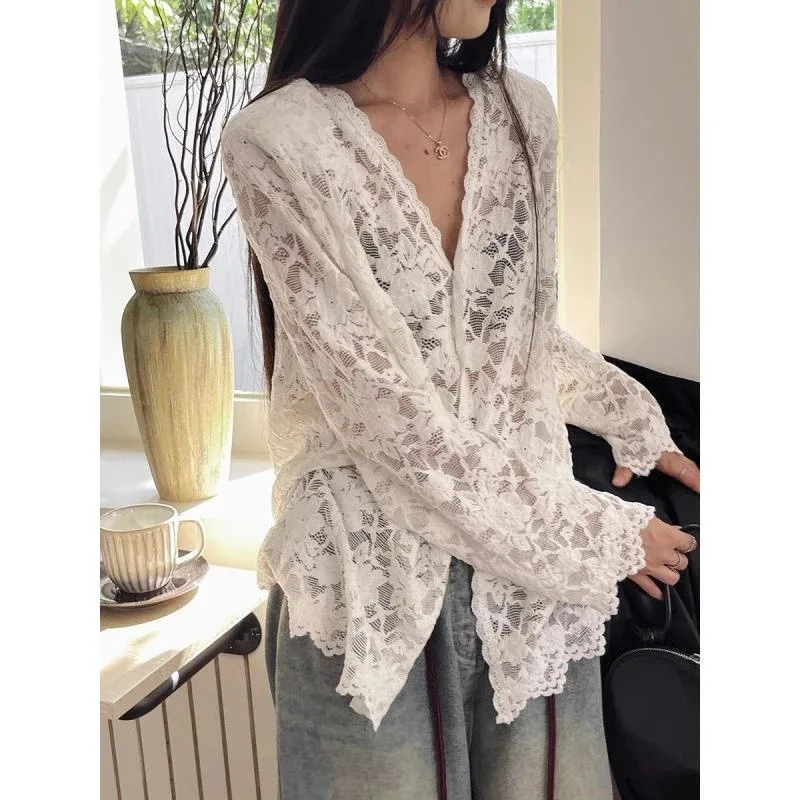 

Long Sleeve Lace Blouses Women Clothing 2025 Blusas Mujer De Moda Hollow Out Sexy Tops See Through Fashion Summer White Shirts