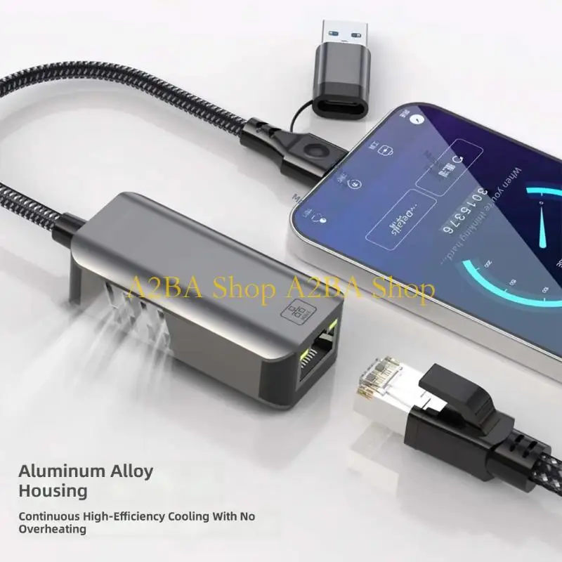 A2BA Type C to RJ45 Internet Access Unit with LED Lights, Aluminum Shell and Cable Tail for Office, Dorm and Travel Use