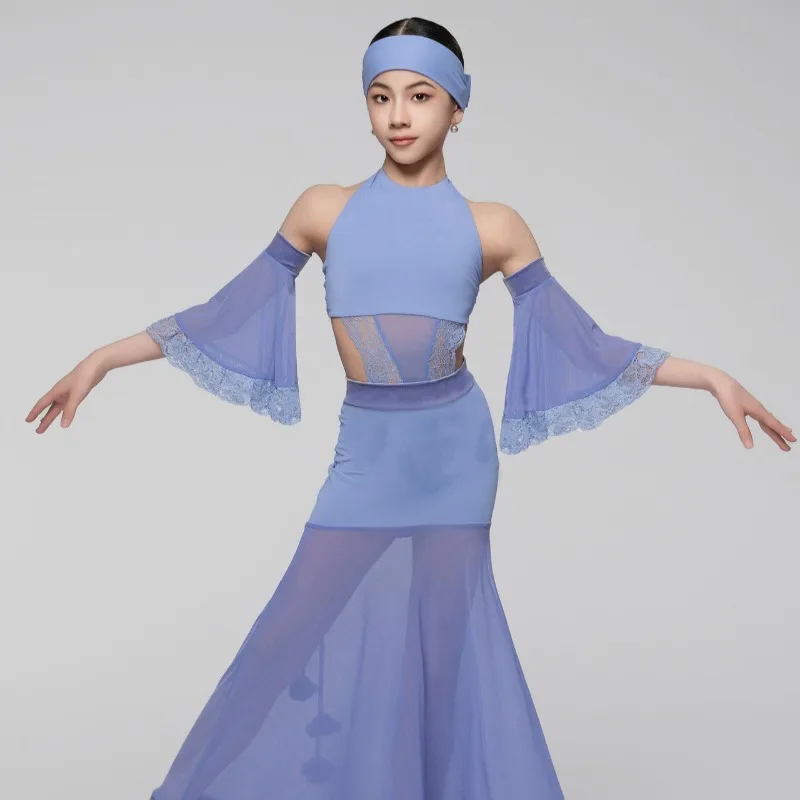 カスタマイズされた女の子のラテンダンススーツノースリーブぶら下げネックレーストップフィッシュテールスカート分割練習社交競技ドレス