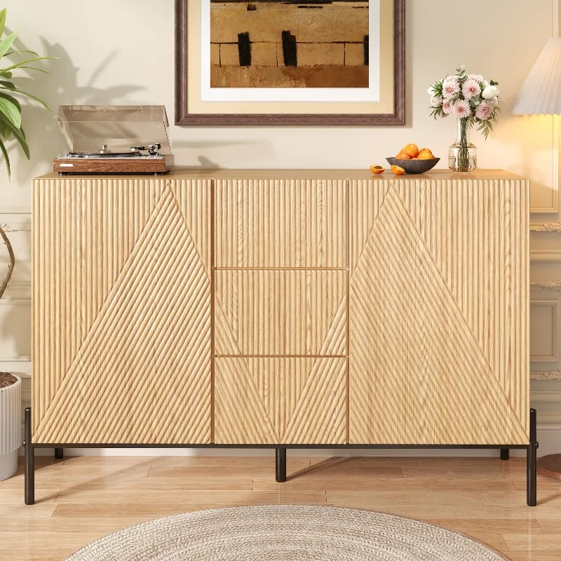 Buffet moderne avec design de porte géométrique 3D, portes doubles et tiroir central, grand meuble de rangement, buffet multifonctionnel pour salon, salle à manger, entrée, pieds en fer noir, finition grain de bois
