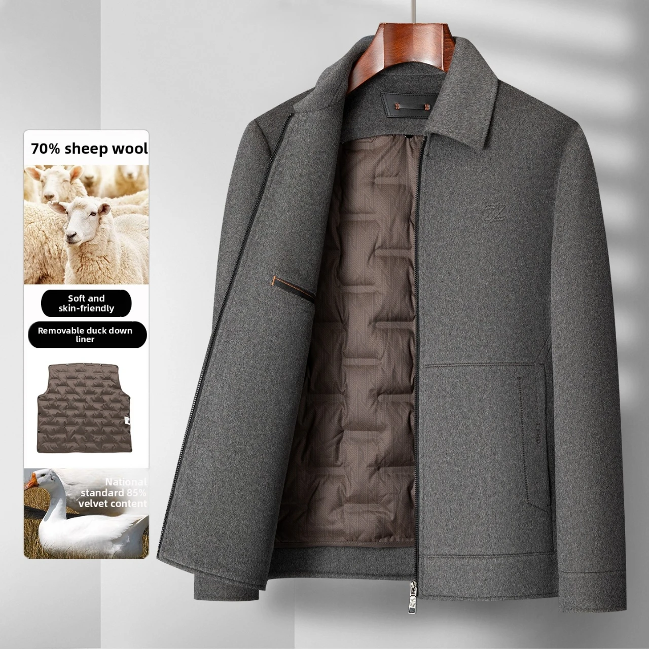 

2025 Autumn/Winter New Men's Wool Coat Coat with 70% Wool Content, Duck Down Inner Tank Thickened Warm Jacket Coat