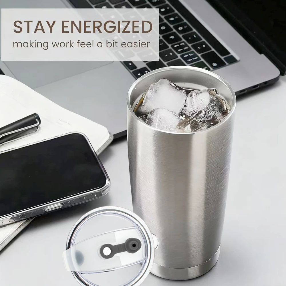1Pc Travel Tumbler with Lid Straws 550ML Stainless Steel Insulated Tumbler Cup Double Wall Coffee Mug for Hot Cold Drinks Silver