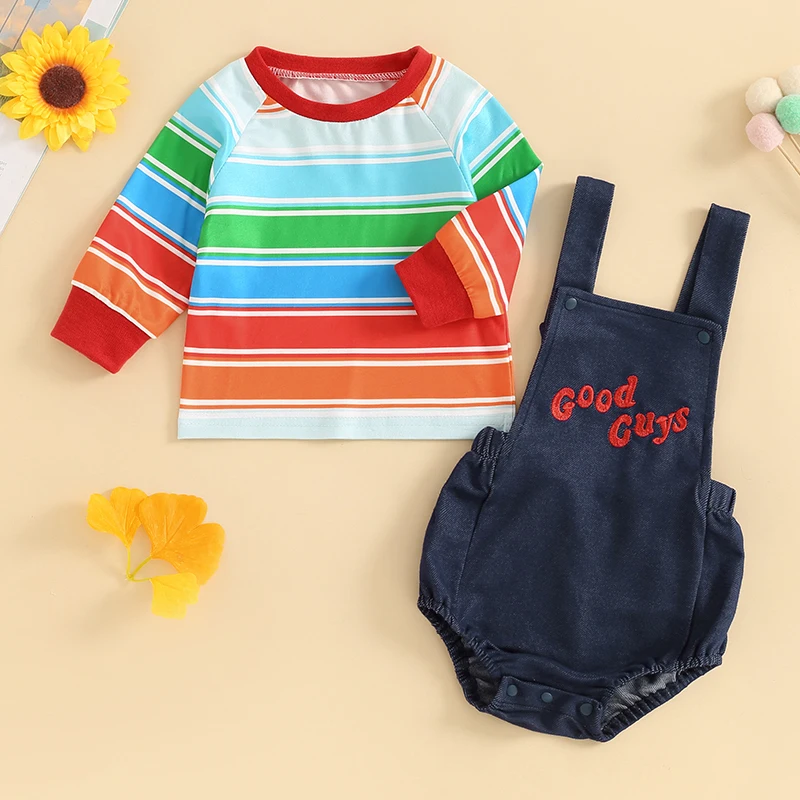 Toddler Baby Girls 2 Piece Outfit Rainbow Stripe Long Sleeve Tops and Letter Print Overalls Shorts Romper Cute Costume Set