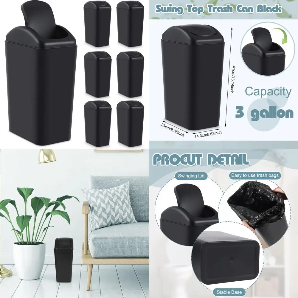 

Set of 4, 3 Gallon Plastic Trash Cans with Lids for Kitchen, Bathroom, Office, and Outdoor Use (Black)