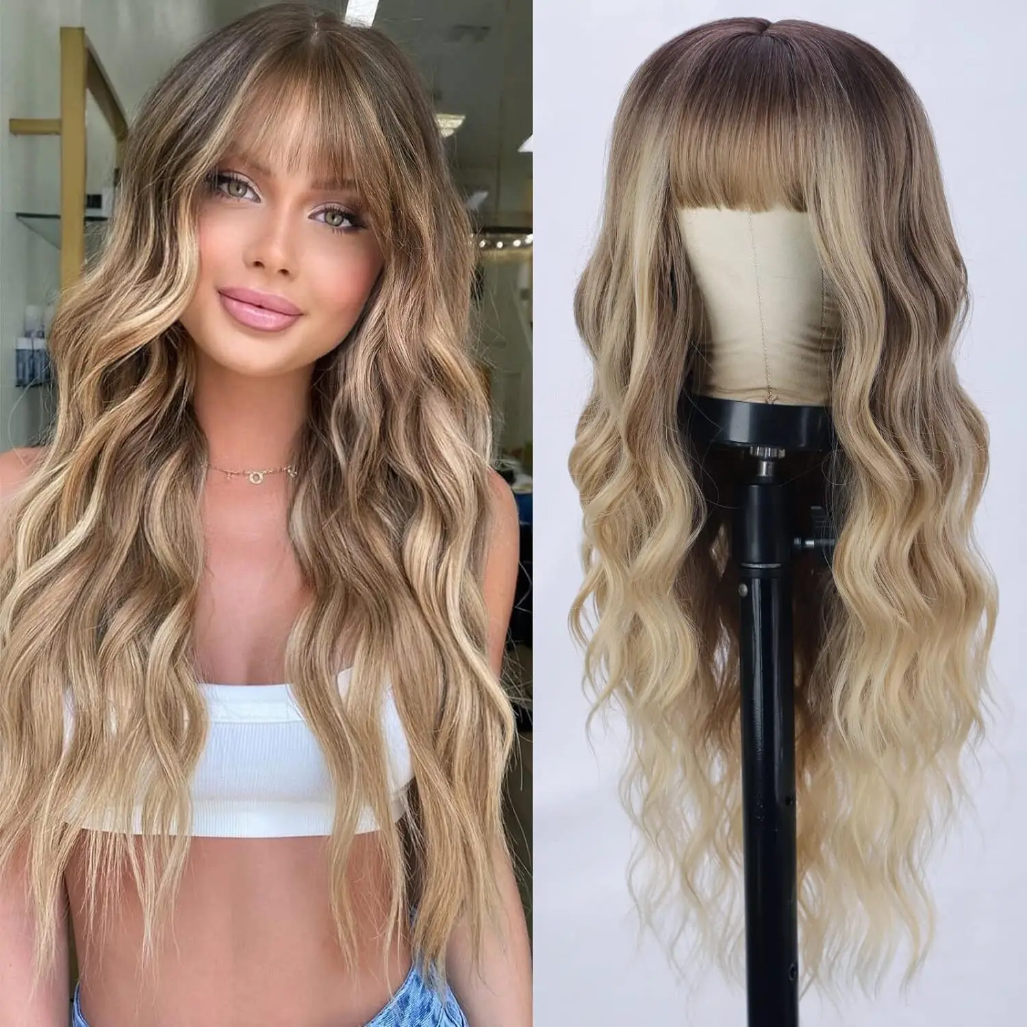 Ombre marrom peruca longa ondulada sintética com franja fofa para mulheres cabelo natural marrom loiro destaque perucas para uso diário cosplay