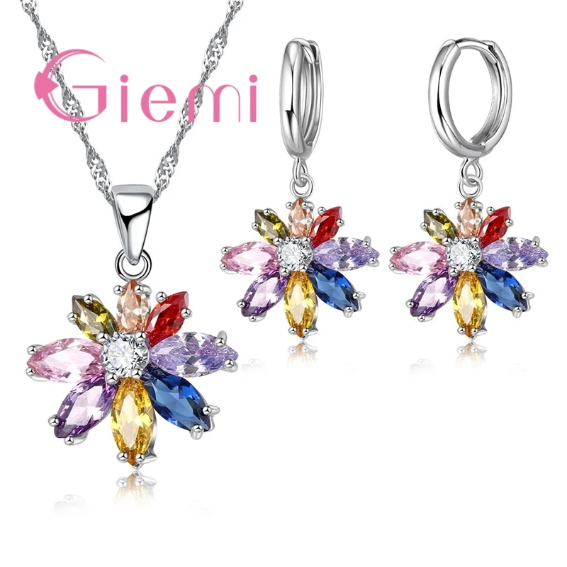 

Exquisite Eight Color Flower Zircon Pendant Necklace Earrings Set Trendy 925 Sterling Silver Jewelry Sets for Women Party Gift