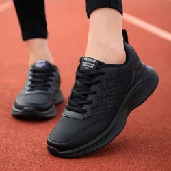 Wasserdichte klobige Leder-Sneaker für Damen, Laufschuhe, lässige Sportschuhe, schwarze Sneaker, Herbst, Frühling