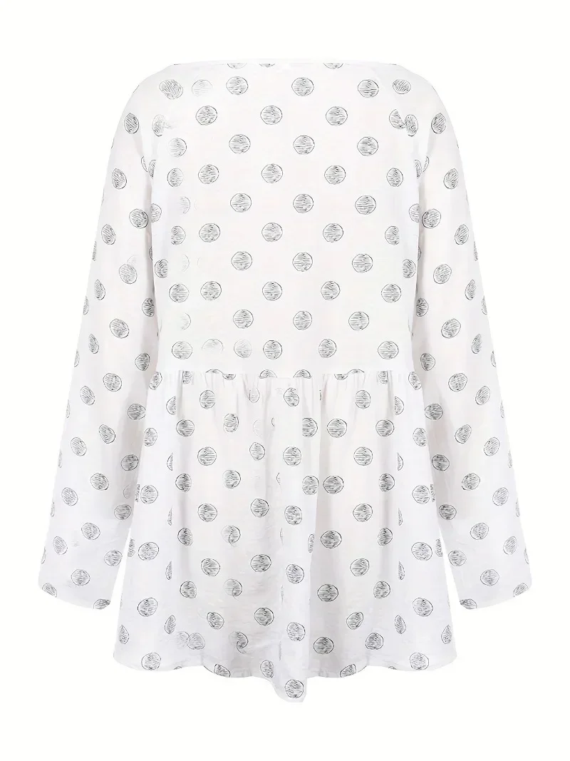 Women\'s Plus Size 1XL-5XL  Round Neck Casual Polka Dot Printed Top for Spring and Summer Fashion Long Sleeved Patchwork Shirt