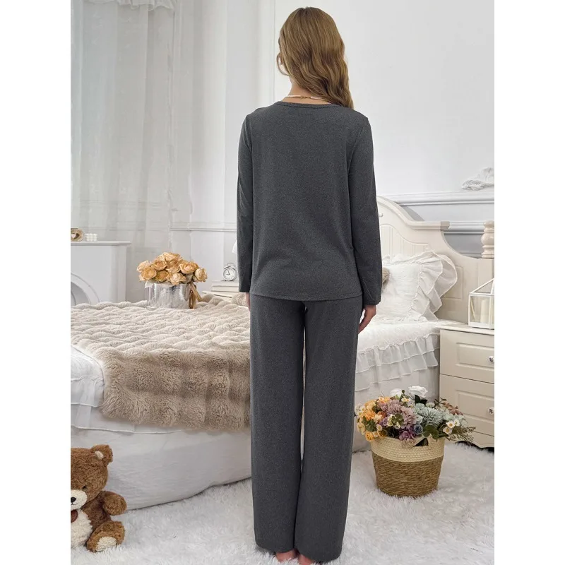 New Women's Round Neck Long Sleeve Pullover Pajama Set Loose Comfortable Elastic Loungewear Two Piece Outfit Indoor Outdoor Wear