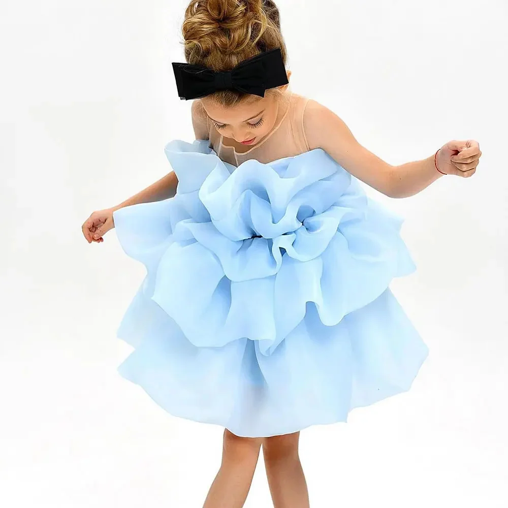 Cute Flower Girl Dress Sleeveless Puffy Knee Length For Wedding Sky Blue Elegany Kids Birthday Party First Communion Ball Gowns