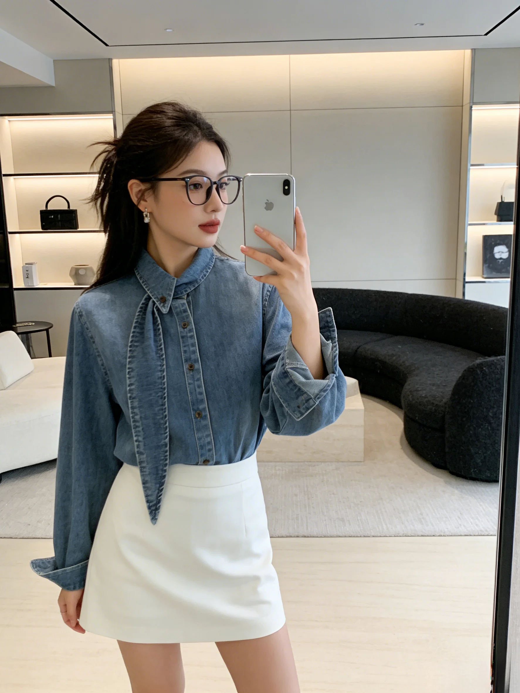 

Retro Hong Kong Style Long Sleeve Denim Shirt Coat Korean Style Sash Design Casual Daily Women's Fashion Loose Fit Classic