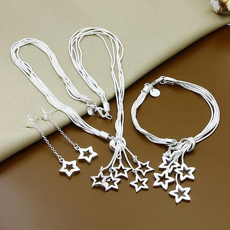 

CHUANGCHENG 925 Sterling Silver Multilayer Hollow Out Star Style Women Necklaces Bracelets Earrings for Women Jewelry Set