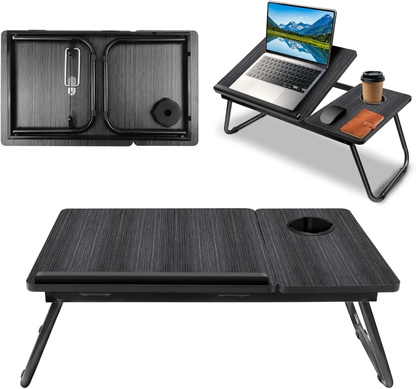 Bureau pliable pour ordinateur portable, table pour ordinateur portable avec porte-gobelet, plateau de lit réglable en hauteur, support de lecture pour canapé, lit, terrasse, balcon