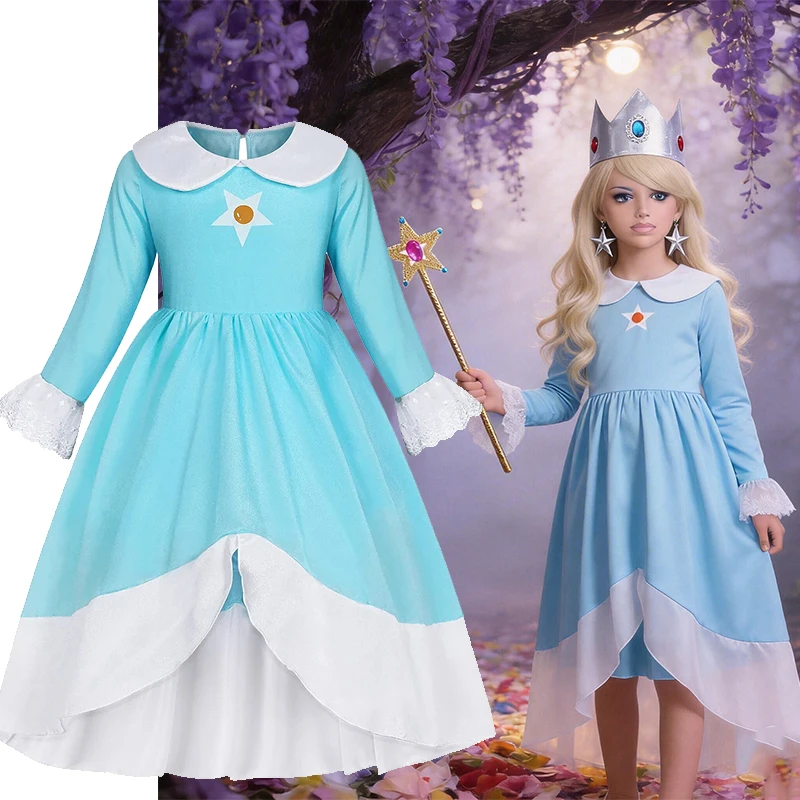 Disfraz de Princesa Rosalina Azul de la Película Peach para Niñas, Disfraz de Halloween para Niños, Juego de Roles, Vestido de Princesa de Manga Larga